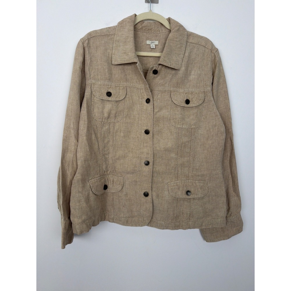 J. Jill Linen Jacket XL Tan Vintage 90s Button Up Utility Coastal Lightweight